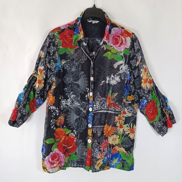 John Mark Top Womens Large Tunic Hummingbird Boho Artsy Floral Multicolor - Picture 1 of 10